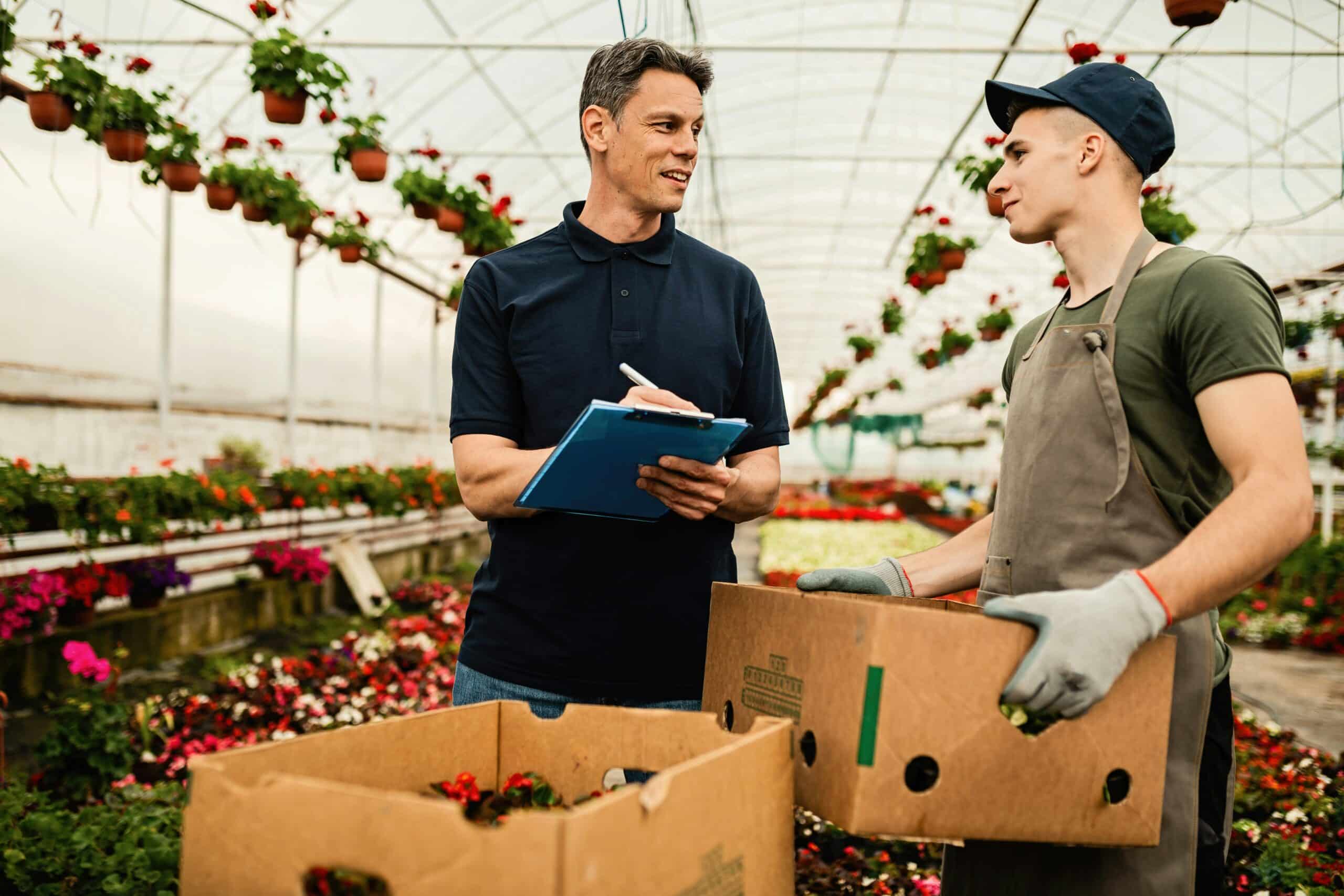 A young man holding a box of plants in a greenhouse, talking to his supervisor, representing Temporary Foreign Worker Programs in Ontario