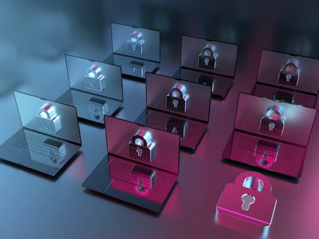 Three rows of three laptops with 3D lock emerging from their screens in under pink and purple lighting, representing cybersecurity obligations.
