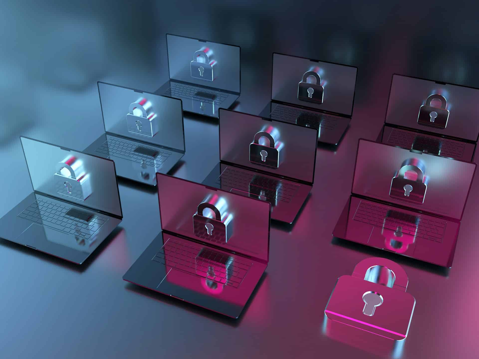 Three rows of three laptops with 3D lock emerging from their screens in under pink and purple lighting, representing cybersecurity obligations.