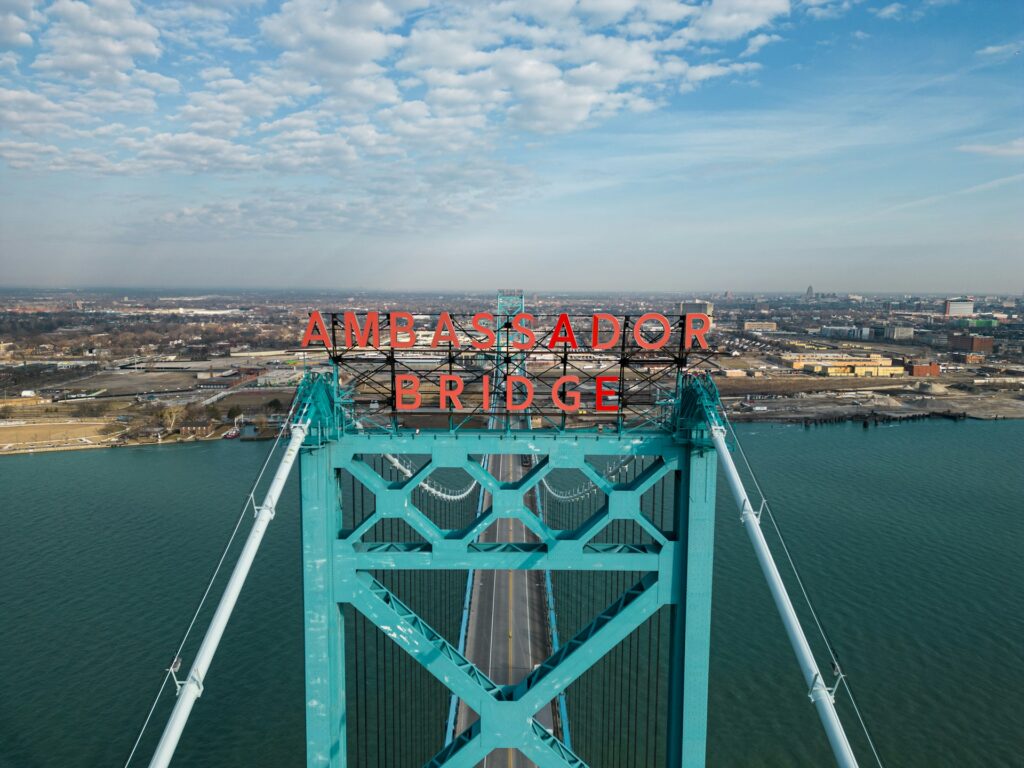 A view looking down the Ambassador Bridge, connecting Windsor, Ontario and Detroit, Michigan, representing cross-border contract disputes between Canada and the U.S.
